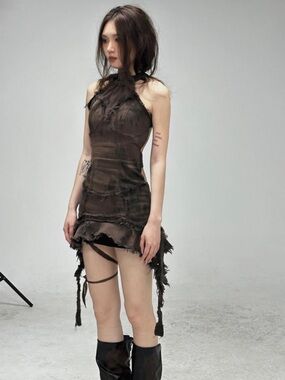 Yujmiu Distressed Tie-Dye Halter Mini Dress